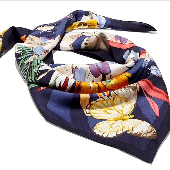 New Salvatore Ferragamo Scarf Butterfly Flowers Blue Multicolor Silk Wrap - Picture 1 of 12